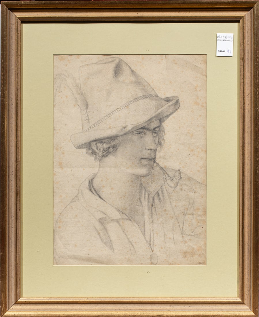 Work on paper, European School (19th century): European School (19th century), Man with Feathered Cap (Macaroni), 1850, pencil on paper, initialed "UR" and dated lower right, overall (with frame): 24.5"h x 20"w