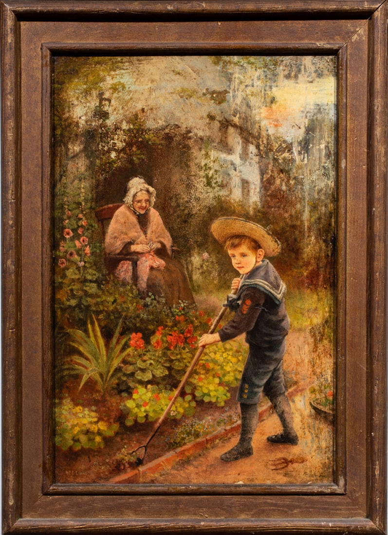 Painting, William E. Evans: William E. Evans (British, 19th century), Grandmother's Garden Helper, oil on canvas, signed lower left, overall (with frame): 26"h x 19"w