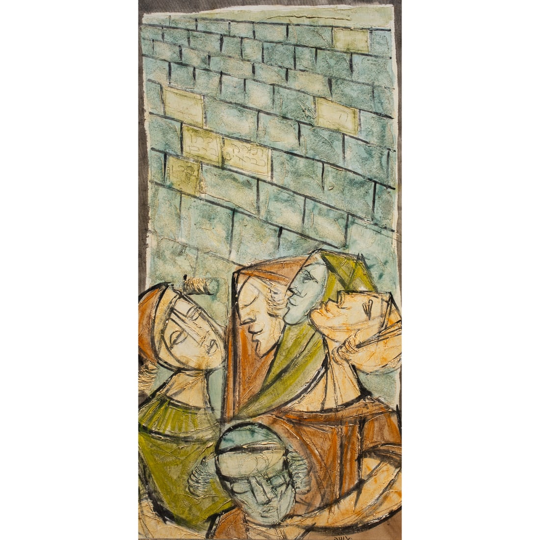 Painting, Moshe Katz: Moshe Katz (Romanian/Israeli, b. 1937), Untitled (Figures Near Wall), mixed media, signed lower right, canvas: 48"h x 24"w, overall (with frame): 50.5"h x 26.75"w