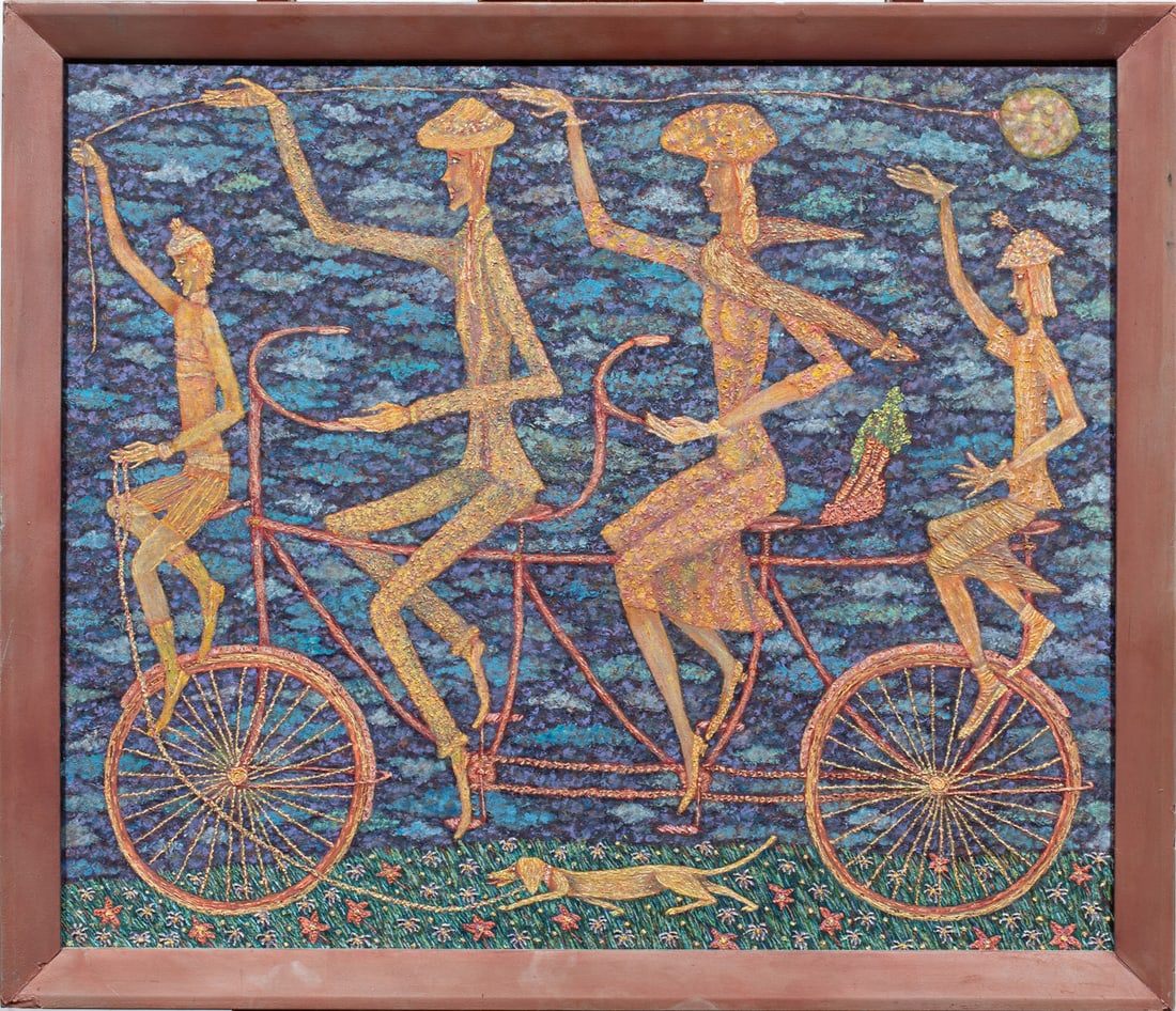 Painting, E. Arbeit: E. Arbeit (American, 20th century), "The Bicycle People," oil on board, signed and titled verso, overall (with frame): 26.5"h x 30.5"w