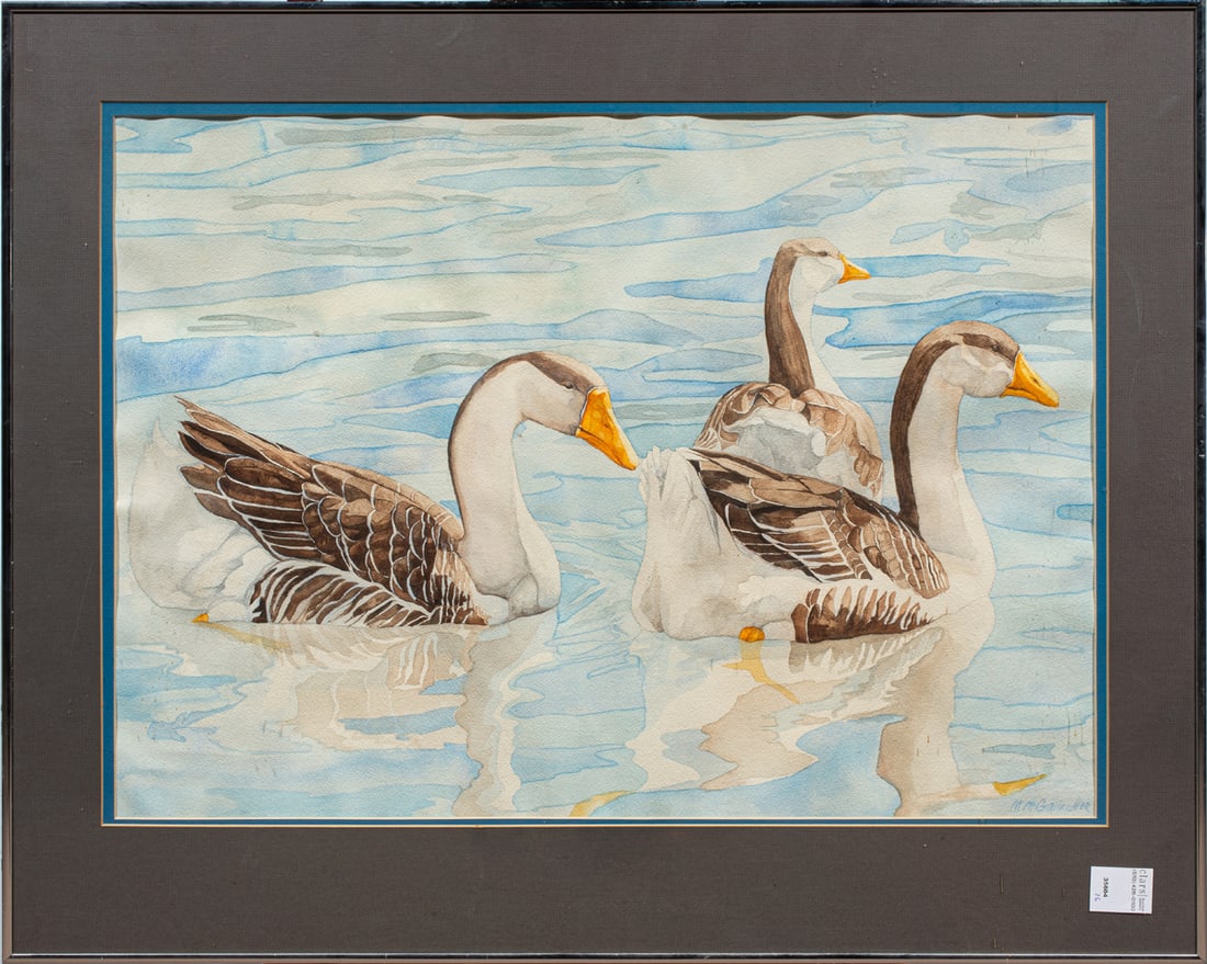 Watercolor, M.M. Gallagher: M. M. Gallagher (American, 20th century), Geese, watercolor, signed lower right, overall (with frame): 27.25"h x 34.25"w