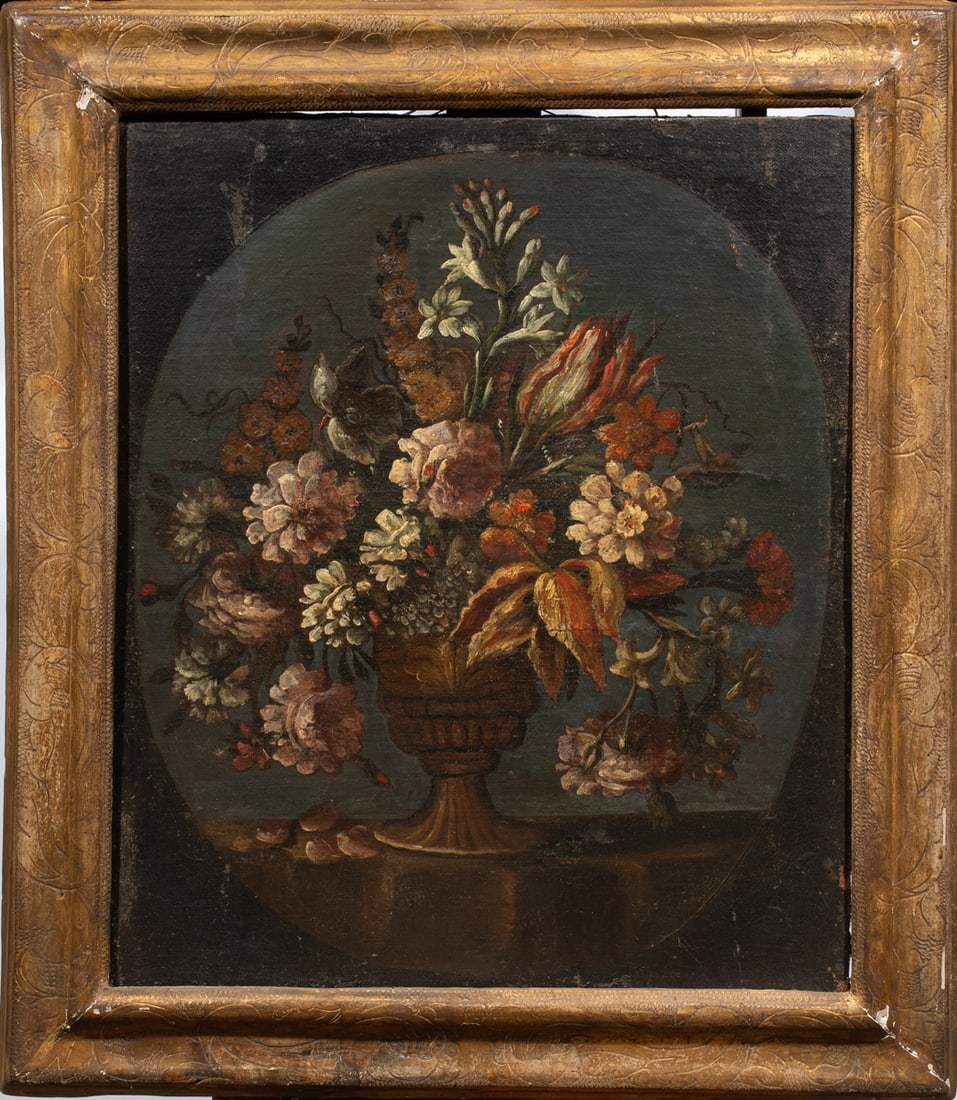 Painting, European School (18th/19th century): European School (18th/19th century), Still Life with Bouquet, oil on canvas, unsigned, overall (with frame): 36"h x 31"w
