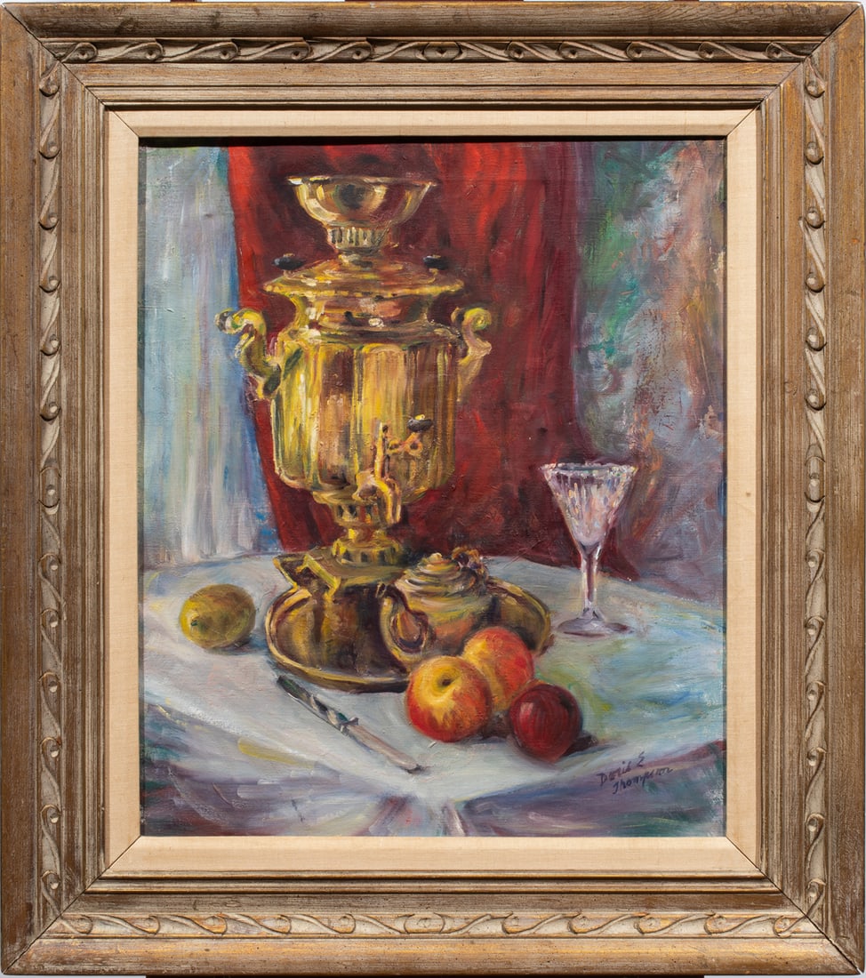 Painting, Doris E. Thompson: Doris E. Thompson (American, 20th century), Still Life with Samovar, oil on canvas, signed lower right, overall (with frame): 32"h x 28.5"w