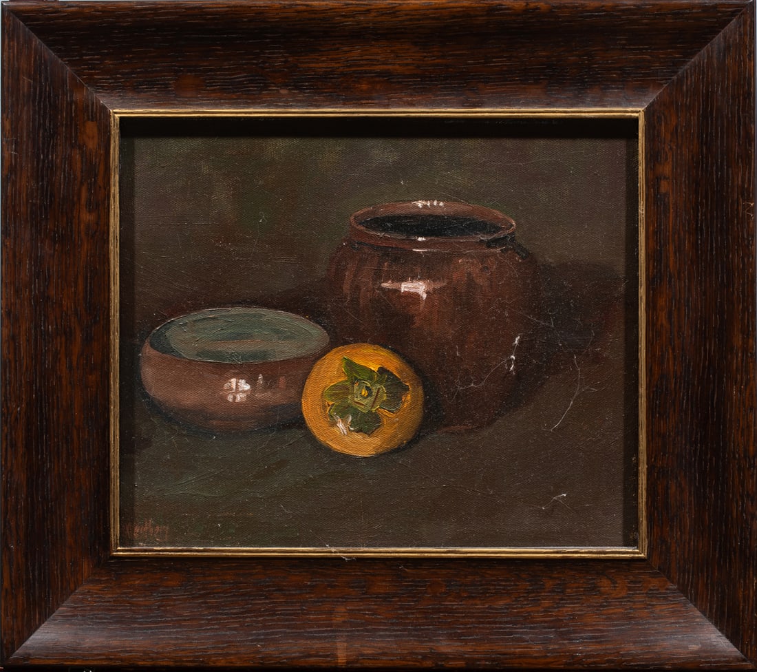 Painting, Wanda Westberg: Wanda Westberg (American, 20th/21st century), "Roger's Pots," 2000, oil on canvas, signed lower left, signed, titled, and dated verso, overall (with frame): 15"h x 17"w