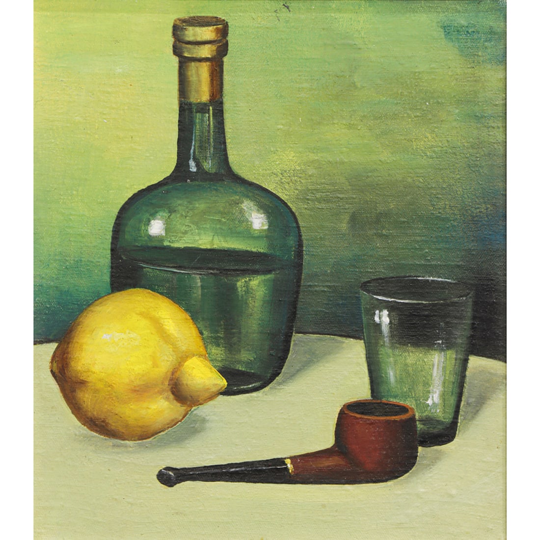 Painting, Russian School (20th century): Russian School (20th century), Still Life in Green, oil on masonite, unsigned, label (Lenkomissiontorg) affixed verso, board: 12"h x 10.25"w, overall (with frame): 13.75"h x 12"w