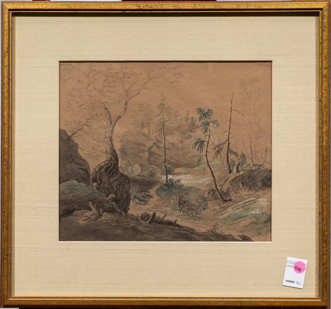 Watercolor, German School (19th century): German School (19th century), Woodland Scene, watercolor and graphite on paper, unsigned, inscribed verso to backing paper, overall (with frame): 19"h x 20.5"w