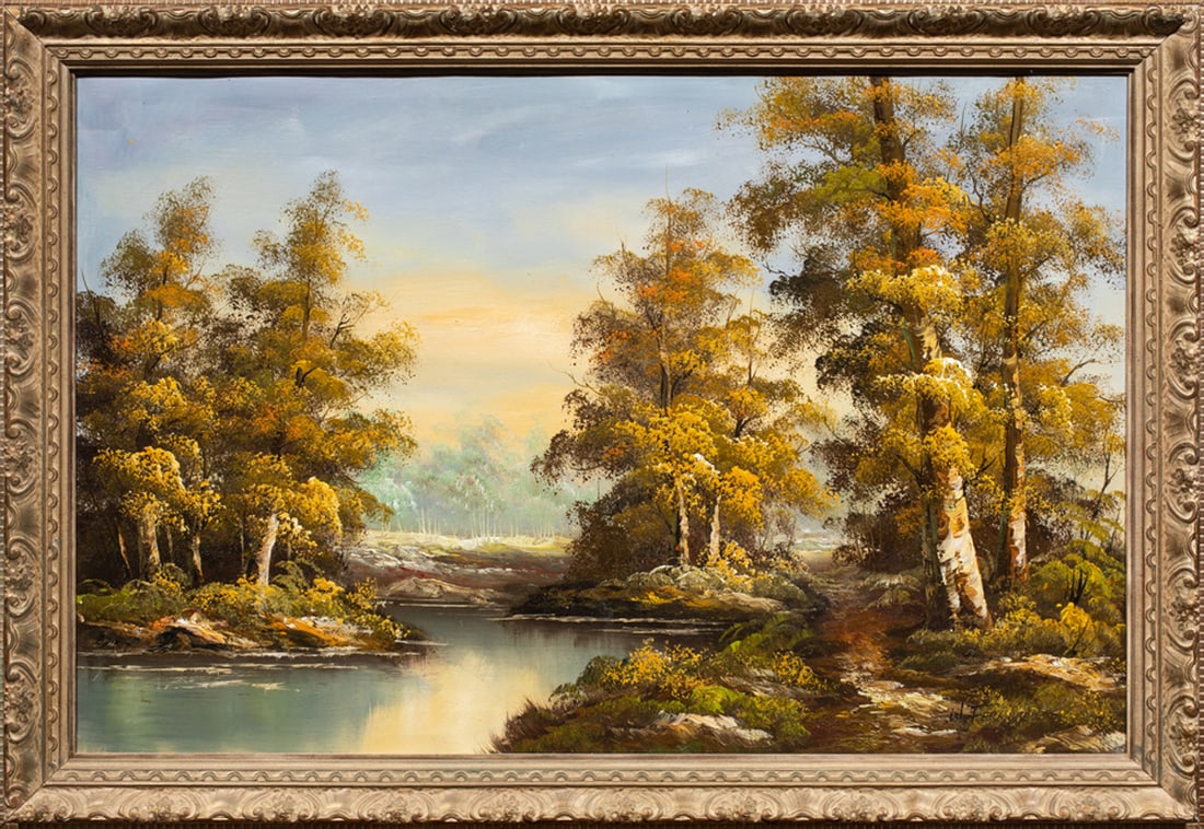 Painting, American School (20th century): American School (20th century), Untitled (Wooded Landscape), oil on canvas, signed indistinctly "W. Fern..." lower right, overall (with frame): 28"h x 40"w