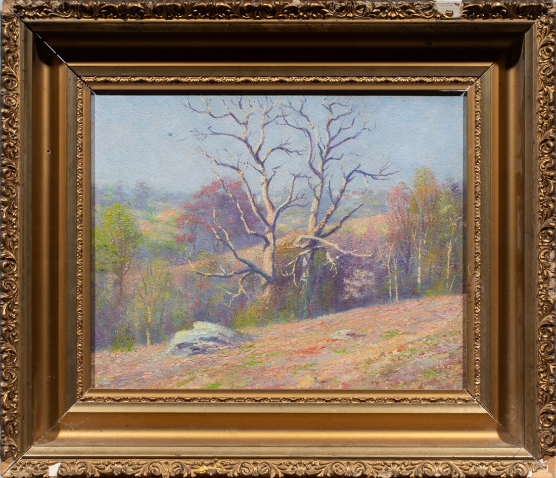 Painting, American School (20th century): American School (20th century), Autumn Landscape, oil on board, signed "L.C. Porter" verso, overall (with frame): 18"h x 21"w