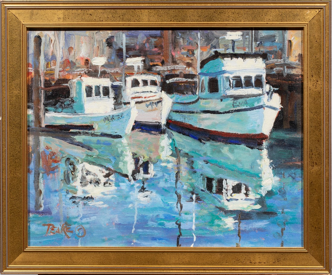 Painting, Virginia Peake: Virginia Peake (American, 20th/21st century), Connecticut Dock Scene, oil on canvas, signed lower left, artist studio label affixed verso, overall (with frame): 19.5"h x 23.5"w
