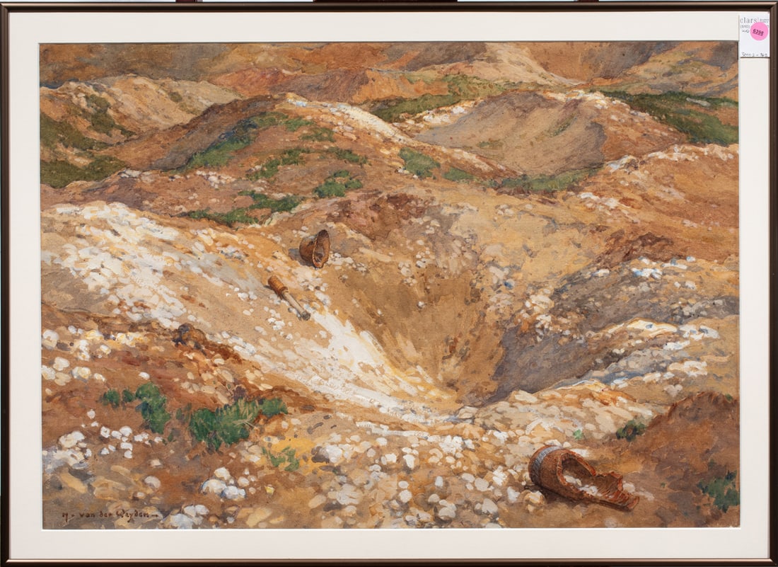 Work on paper, M. Van der Weyden: Harry Van der Weyden (American, 1868-1952), "Shell Torn Ground at Roeux (Valley of the Scarpe)," watercolor and gouache, signed lower left, overall (with frame): 23"h x 32"w