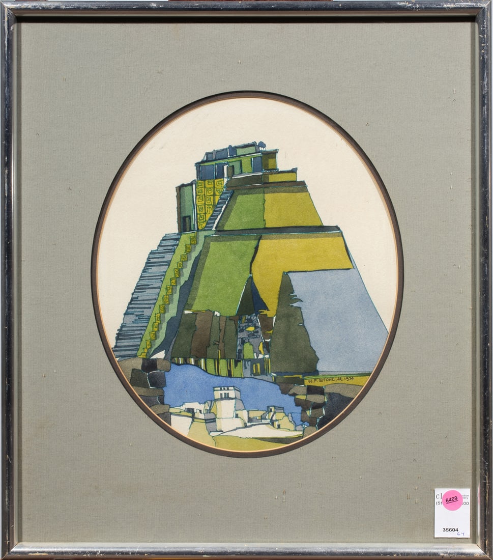 Work on paper, William F. Stone, Jr.: William F. Stone, Jr. (American, 1929-2009), "Temple of the Magician," 1974, ink and watercolor on paper, signed and dated lower right, artist studio label affixed verso, overall (with frame): 20"h x 