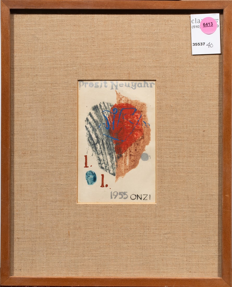 Work on paper, German School (20th century): German School (20th century), "Prosit Neuyahr (sic)," 1955, mixed media on paper, signed Onzi lower right, overall (with frame): 12.5"h x 10"w