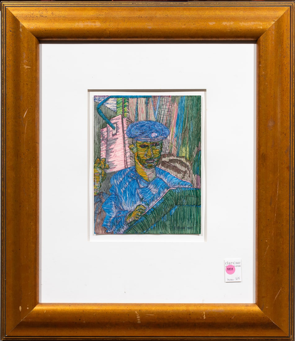 Work on paper, American School (20th century): American School (20th century), Untitled (Man with a Cap), 1985, ink on paper, signed "Sacha" and dated lower right, overall (with frame): 26.5"h x 22.75"w