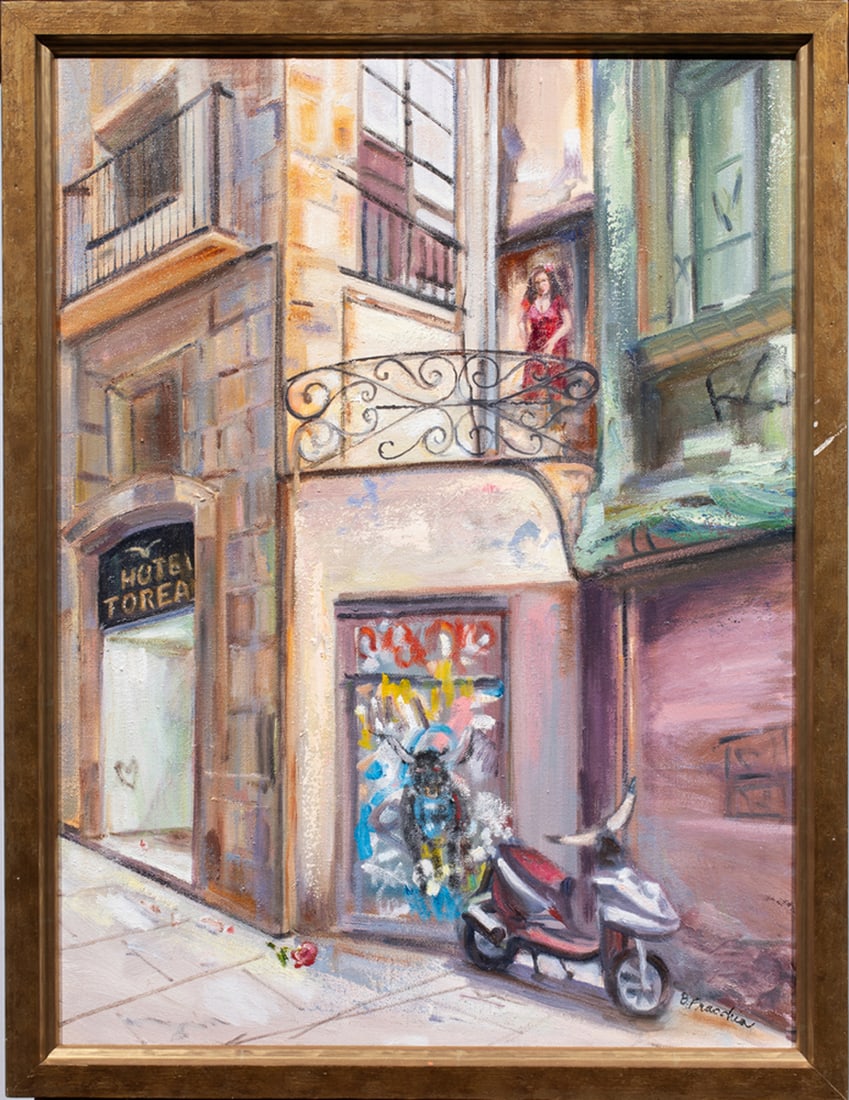 Painting, Barbara Fracchia: Barbara Fracchia (American, 20th/21st century), Street Scene with Woman in Red, oil on canvas, signed lower right, overall (with frame): 26"h x 20"w
