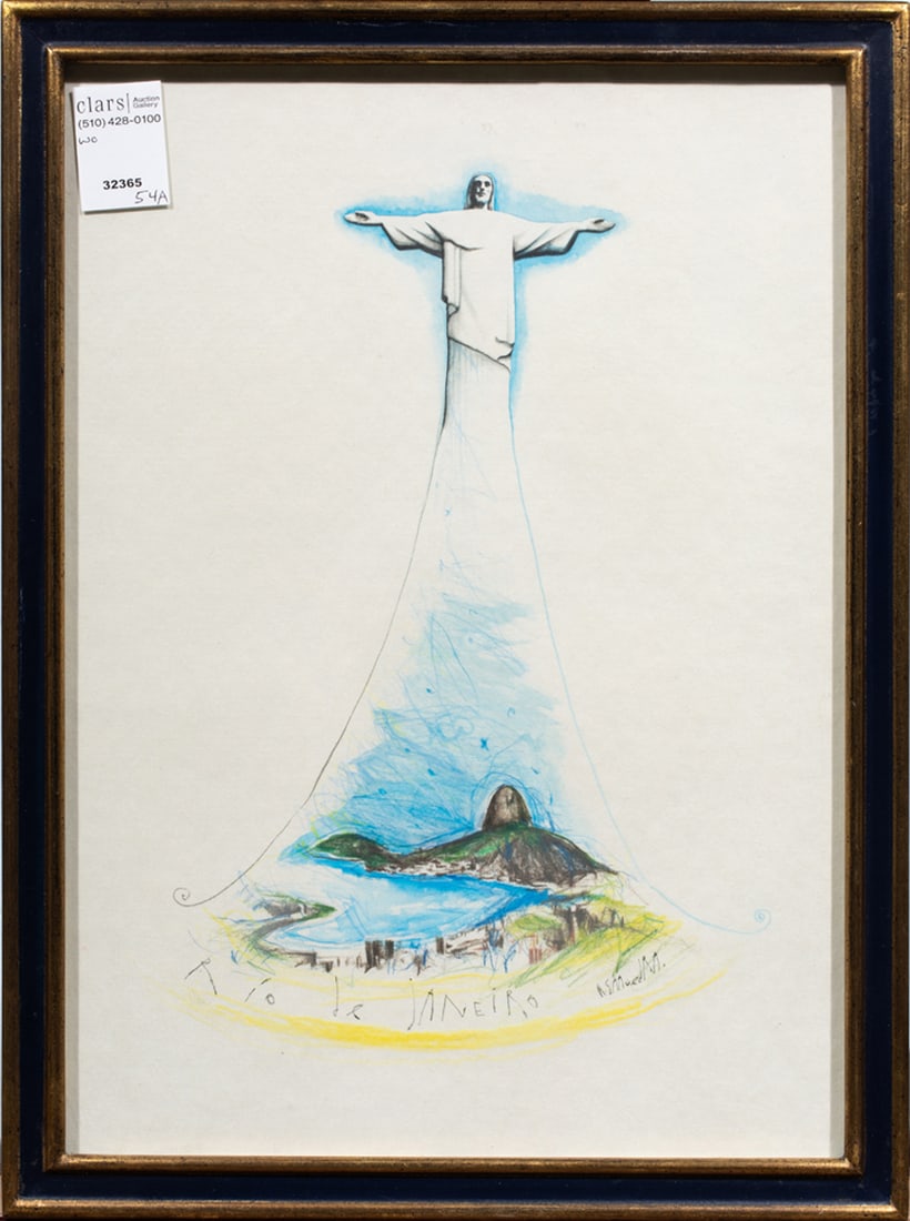 Work on paper, Waldo Saavedra: Waldo Saavedra (Cuban, b. 1961), "Rio de Janeiro," mixed media on paper, pen signed lower right, titled lower left, overall (with frame): 17"h x 12.75"w