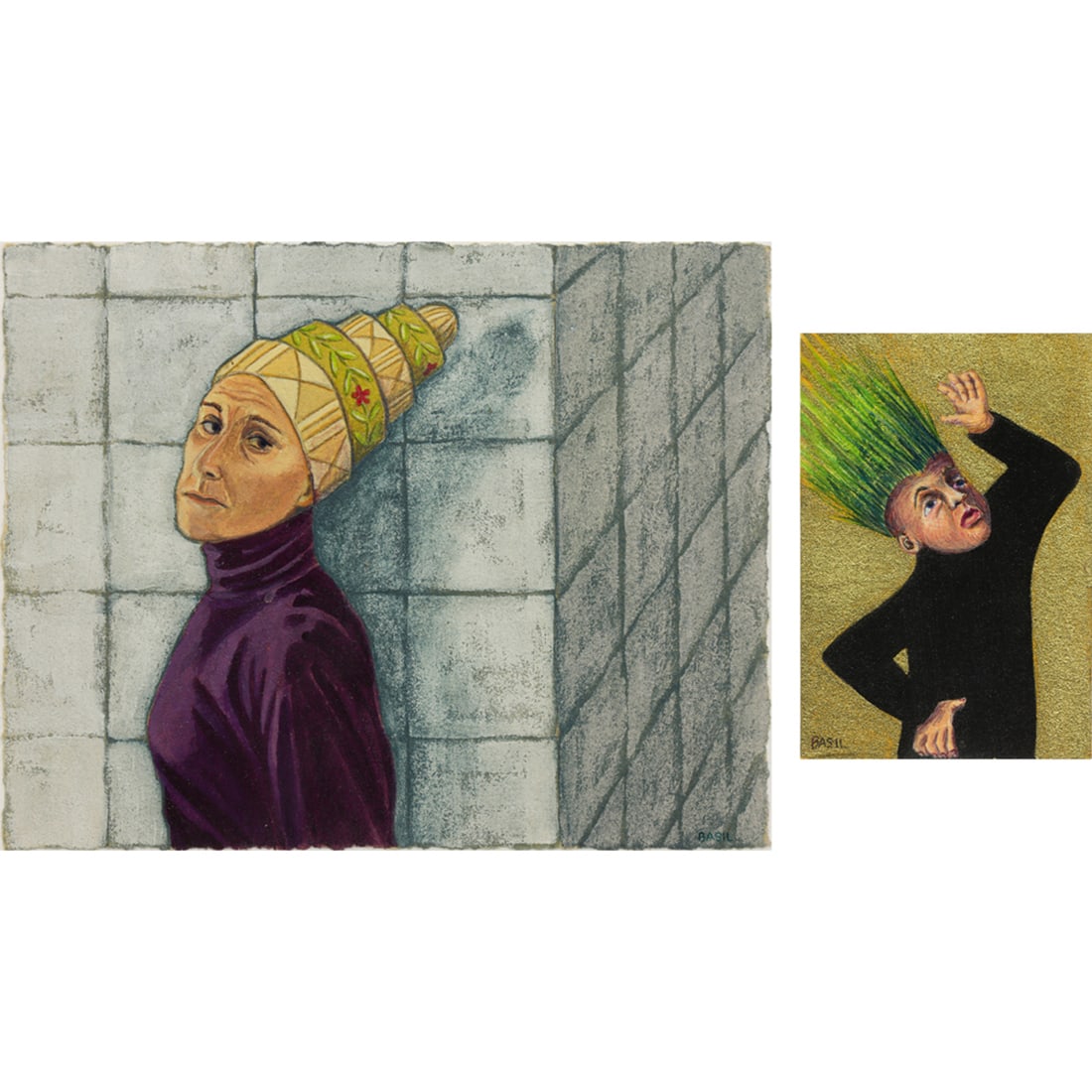 Works on paper, American School (20th/21st century): (lot of 2) American School (20th/21st century), Figures, mixed media on paper, each signed "Basil" lower right/left, sheet (for larger): 4"h x 5"w, overall (with frame, for larger): 11.75"h x 12.75"w