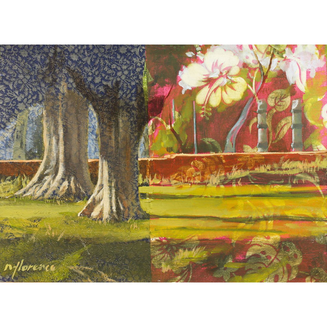 Painting, Nathan Florence: Nathan Florence (American, 20th/21st century), "Buddha's Trees," oil on cotton and brocade silk, signed lower left, artist studio label affixed verso, canvas: 9"h x 12"w, overall (with frame): 12.5"h