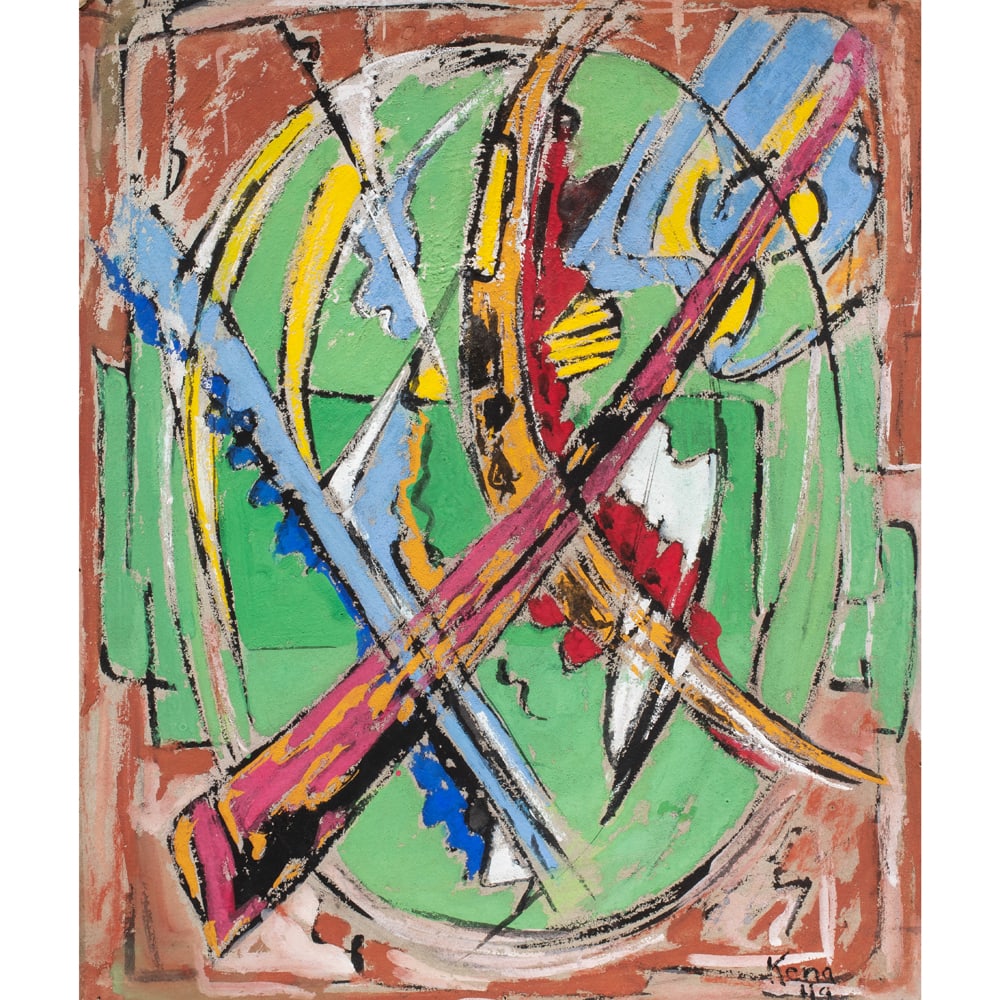 Paintings, Jaled Muyaes Kena: (lot of 2) Jaled Muyaes Kena (Chilean/Mexican, 1921-2007), Untitleds, 1949-1950, oils on board, each signed and dated lower right, board (unframed, for larger): 18.5"h x 15.25"w