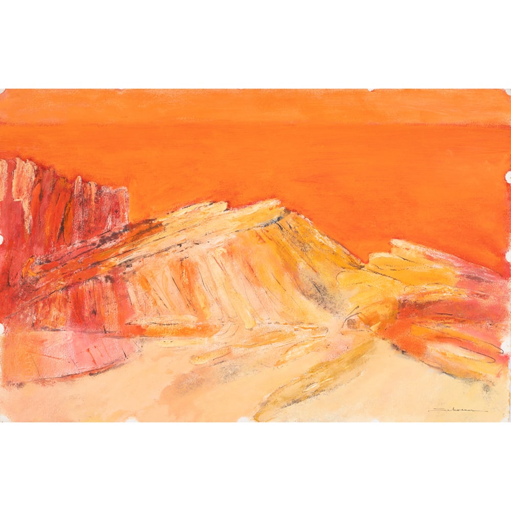 Painting, Jason Schoener: Jason Schoener (American, 1919-1997), "Seguinland Sunset," gouache on paper, signed lower right, titled verso, artist studio label affixed verso, sheet (unframed): 14.5"h x 21"w