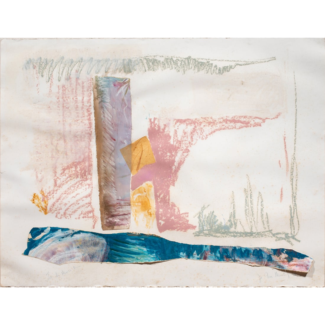 Mixed media on paper, Jo Ann Morning: Jo Ann Morning (American, 20th century), Untitled, 1986, mixed media on paper affixed to canvas, signed and dated lower right, inscribed "To the Music Man" lower left, sheet: 38.25"h x 49.75"w, canvas