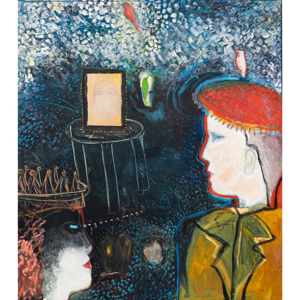 Painting, Inez Storer: Inez Storer (American, b. 1933), "Sending Out a Message from an Interior World," oil on canvas, signed and titled verso, overall (with frame): 55.5"h x 49.5"w