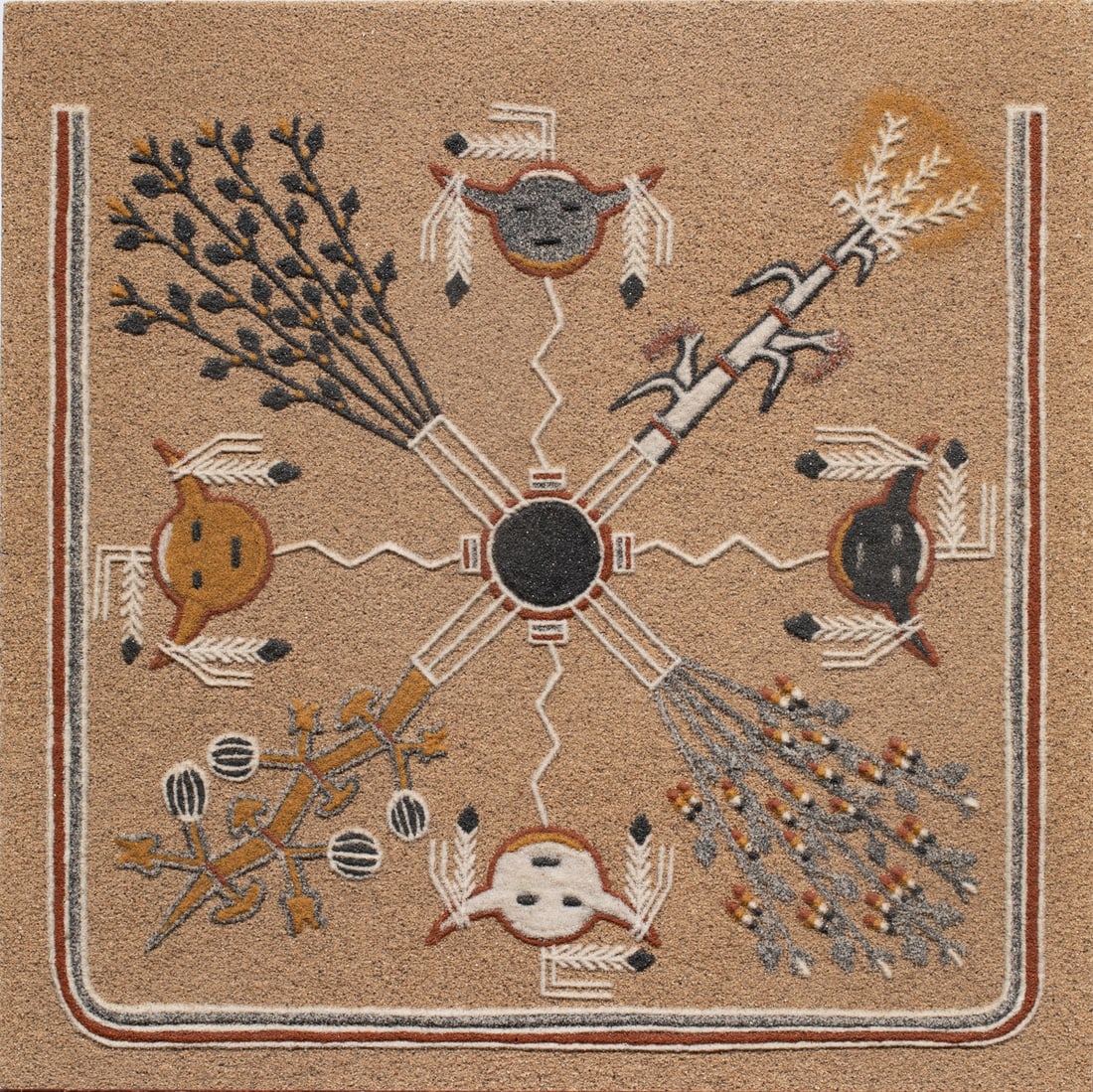 Sand painting, Fred "Grey Squirrel" Stevens Jr.: Fred "Grey Squirrel" Stevens Jr. (Navajo/American, 1922-1983), "Four Suns and Four Sacred Plants," sand painting, signed, titled, and inscribed verso, board: 10"h x 10"w