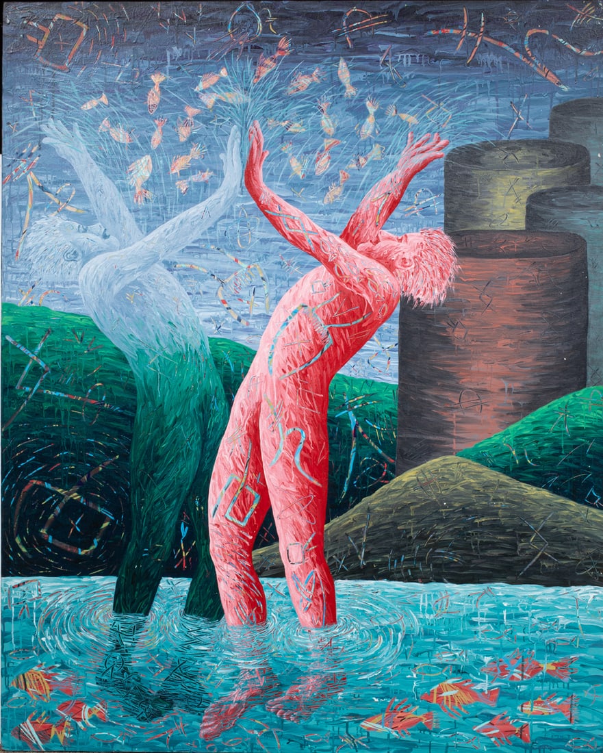 Painting, Carrie Lederer: Carrie Lederer (American, 20th century), "Toxic Shower," 1986, acrylic on canvas, signed, titled, and dated verso, canvas (unframed): 60"h x 48"w