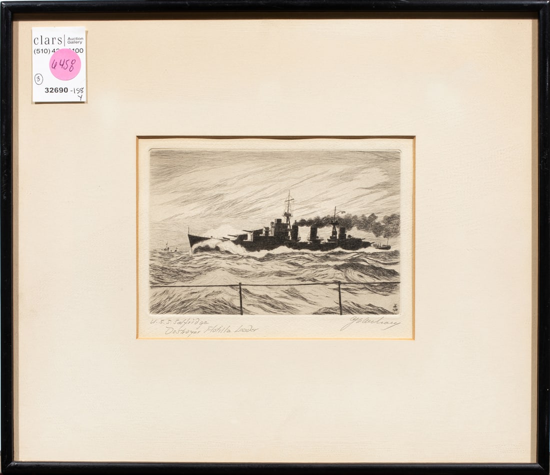 Prints, C.J.A. Wilson: (lot of 3) C.J.A. Wilson (1880-1965), "North African Coast, Strait of Gibralter," "Pet - Boston Pilot Boast, 1866," and "U.S.S. Selfridge, Destroyer Flotilla Leader," etchings, each pencil signed