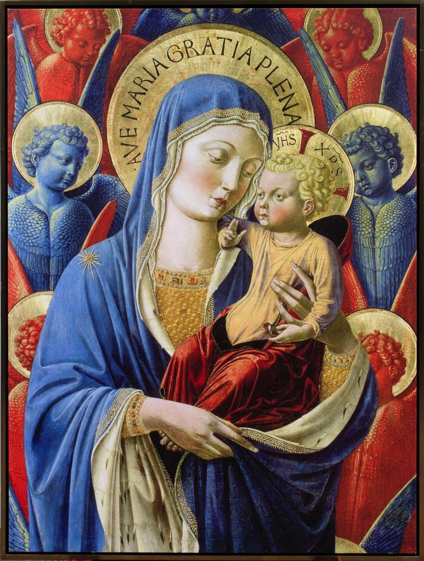 Print, After Benozzo Gozzoli: After Benozzo Gozzoli (Italian, 1420-1497), Madonna and Child with Angels, offset print on canvas, overall (with frame): 41.5"h x 31.25"w