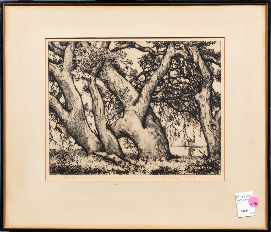 Print, Alfred Ray Burrell: Alfred Ray Burrell (American, 1877-1952), "Oaks," etching, pencil signed lower right, titled lower right, overall (with frame): 16.75"h x 19.5"w