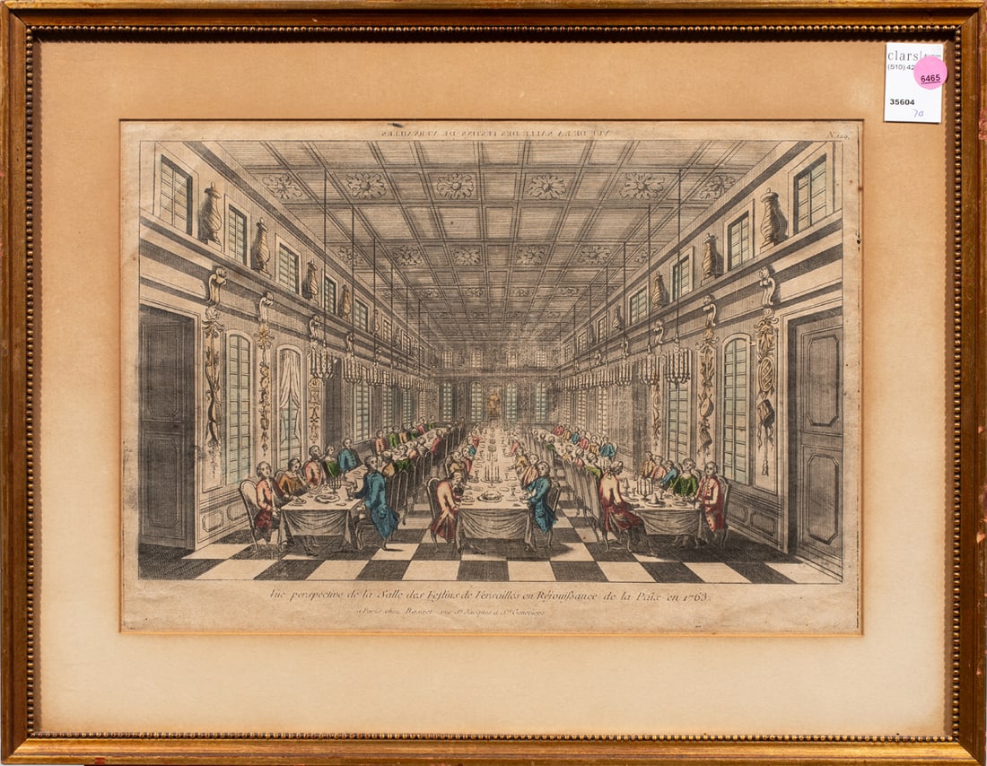 Print, French School (18th/19th century): French School (18th/19th century), "Vue Perspective de la Salle des Festins de Versailles en Rejouissance de la Paix en 1763," hand-colored engraving, overall (with frame): 17.25"h x 22"w