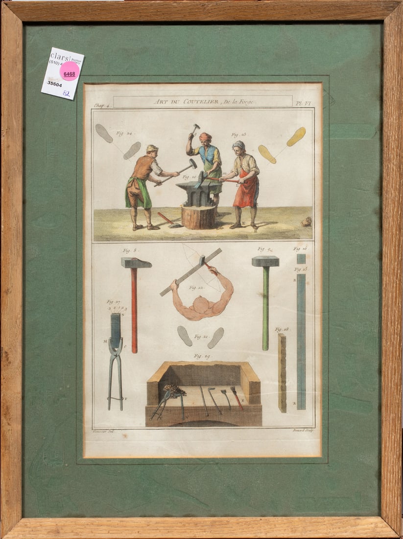 Print, French School (19th/20th century): French School (19th/20th century), "Art du Coutelier, de la forge," hand-colored engraving, overall (with frame): 20.5"h x 15"w