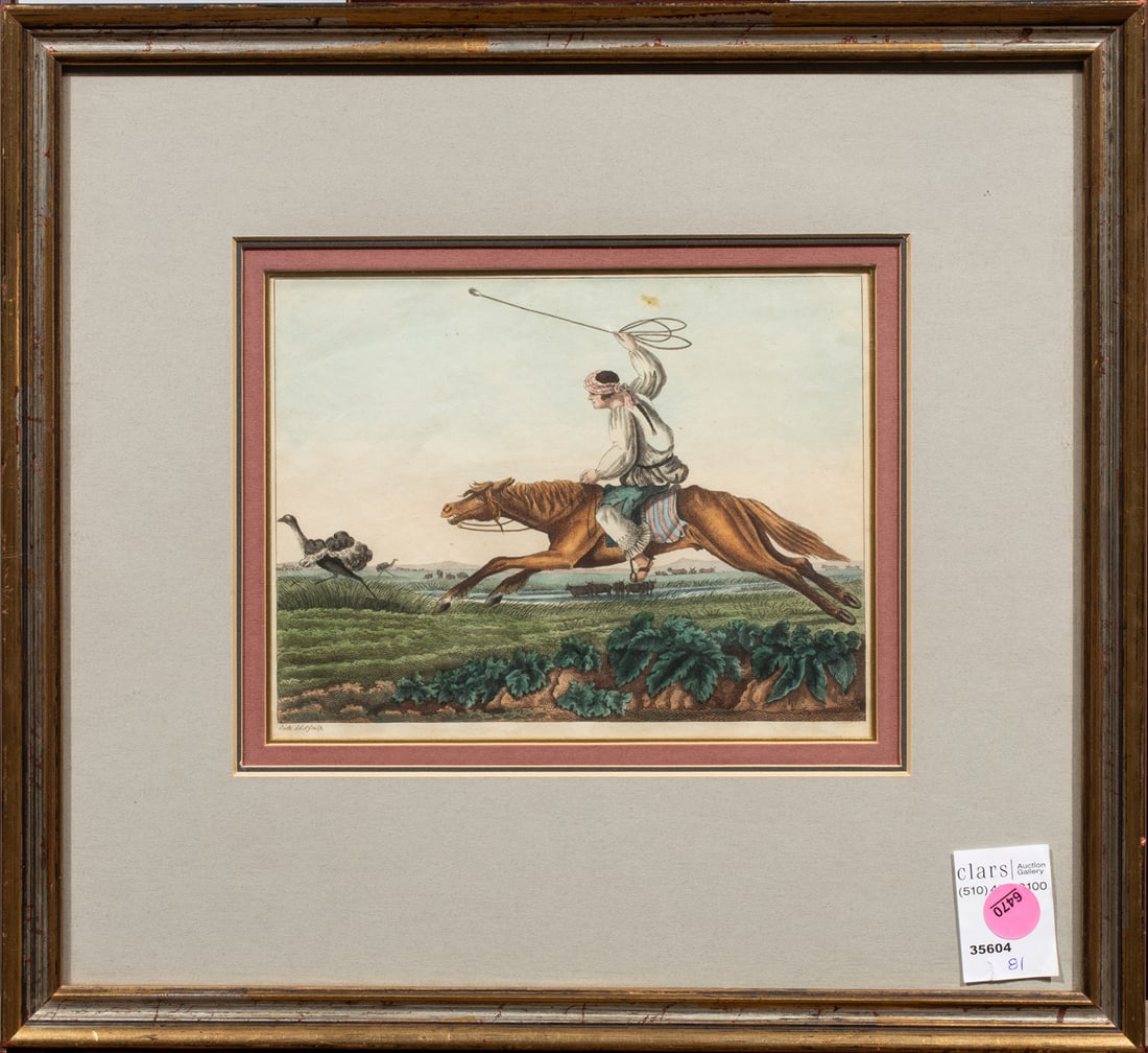Print, Theodore Goetz: Theodore Goetz (German, 19th century), Gaucho Hunting Rhea, hand-colored engraving, overall (with frame): 14"h x 15"w