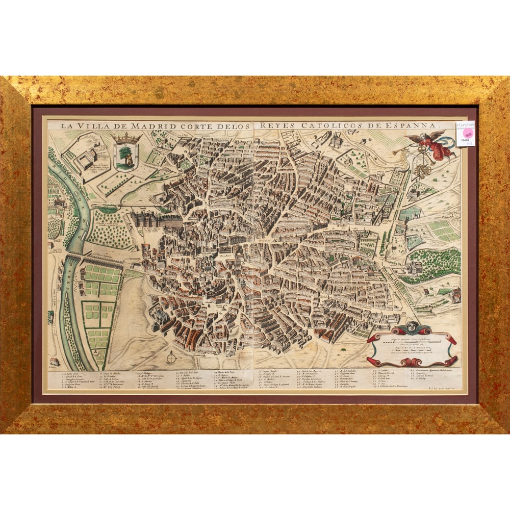 Print, Antonio Mancelli: Antonio Mancelli (Italian, 17th/18th century), "La Villa de Madrid Corte de los Reyes Catolicos de Espanna," hand-colored engraving, overall (with frame): 25"h x 35.5"w