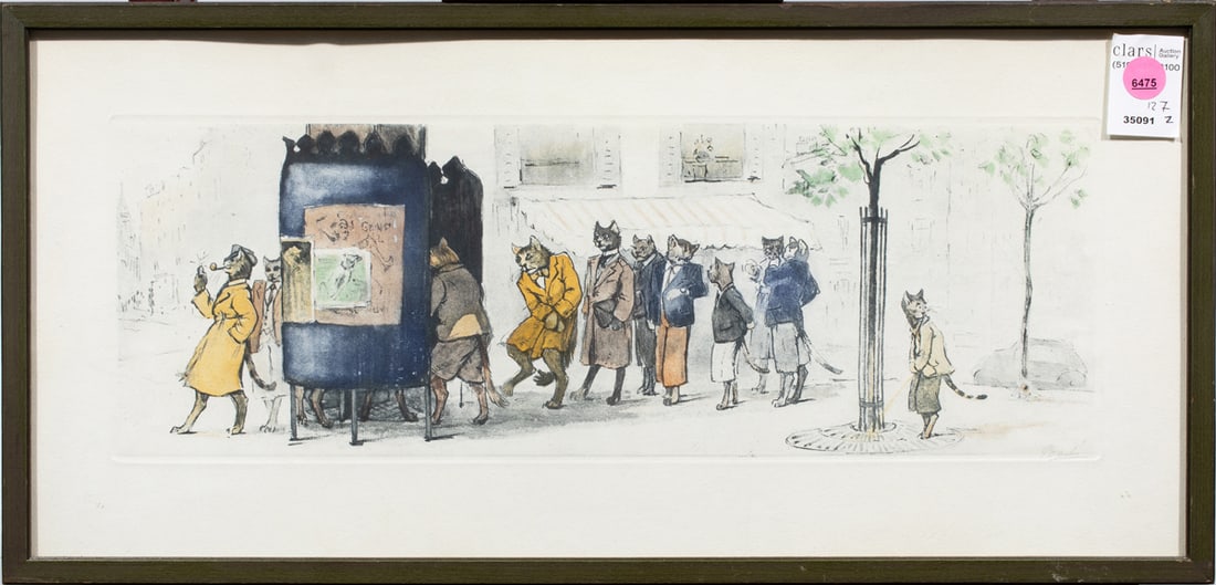 Print, Boris O'Klein: Boris O'Klein (French, 1893-1985), "Naughty Cats of Paris," etching with color, pencil signed lower right, overall (with frame): 10"h x 21"w