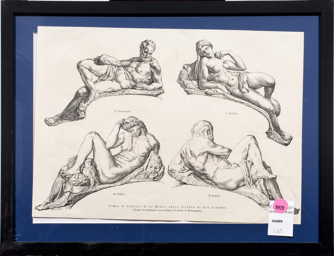 Print, Italian School (19th/20th century): Italian School (19th/20th century), Michelangelo's Sculptures of the Medici Tombs in Florence, etching, overall (with frame): 16"h x 13"w