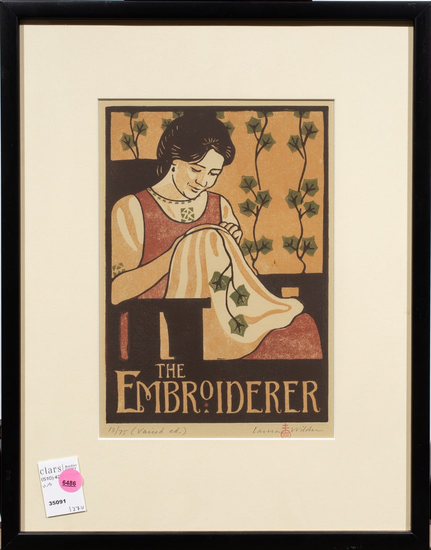 Print, Laura Wilder: Laura Wilder (American, 20th/21st century), "The Embroiderer," 1998, woodblock, pencil signed lower right edition 13/75, overall (with frame): 17.5"h x 13.5"w