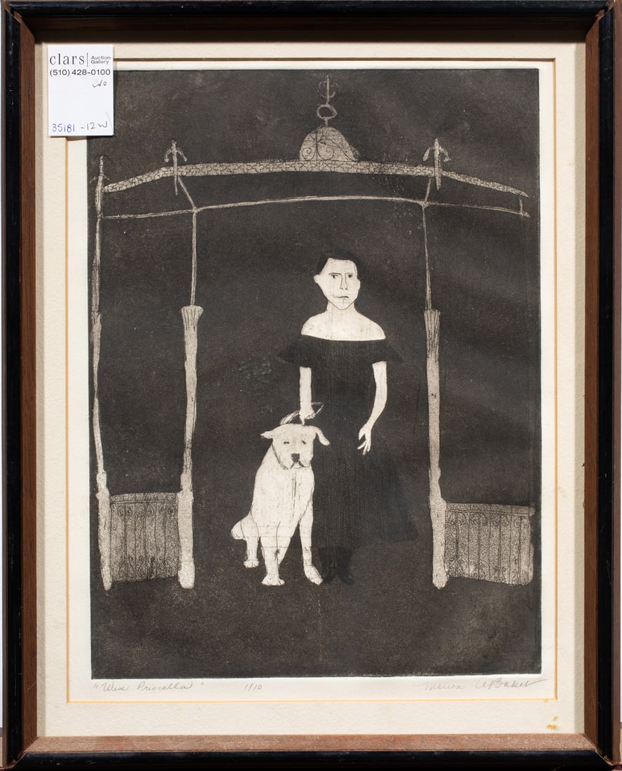 Print, Marion A. Baker: Marion A. Baker (American, 20th century), "Wise Priscella," etching, pencil signed lower right, titled lower left, edition 1/10, overall (with frame): 15"h x 12"w