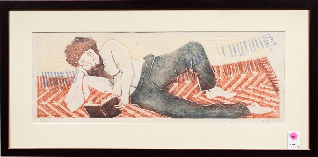 Print, American School (20th century): American School (20th century), "Peter," 1986, intaglio with color, pencil signed "S. Fels," and dated lower right, overall (with frame): 16"h x 32.25"w