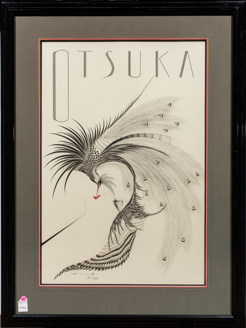 Poster, Hisashi Otsuka: Hisashi Otsuka (Japanese, b. 1947), "The Kiss," 1984, created for the New York Art Expo, offset print, pen signed, dated, and dedicated lower left, overall (with frame): 44"h x 33"w