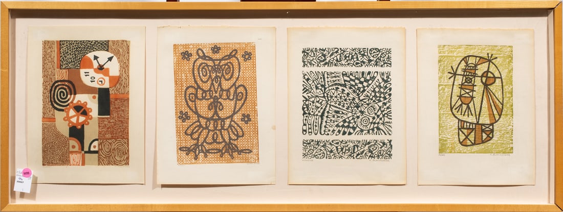 Ethel Spears and K. Blackshear: Ethel Spears (American, 1903-1974) and K. Blackshear, Untitled (Four Prints), woodblocks, each pencil signed, overall (with frame, framed together): 16.5"h x 43.5"w