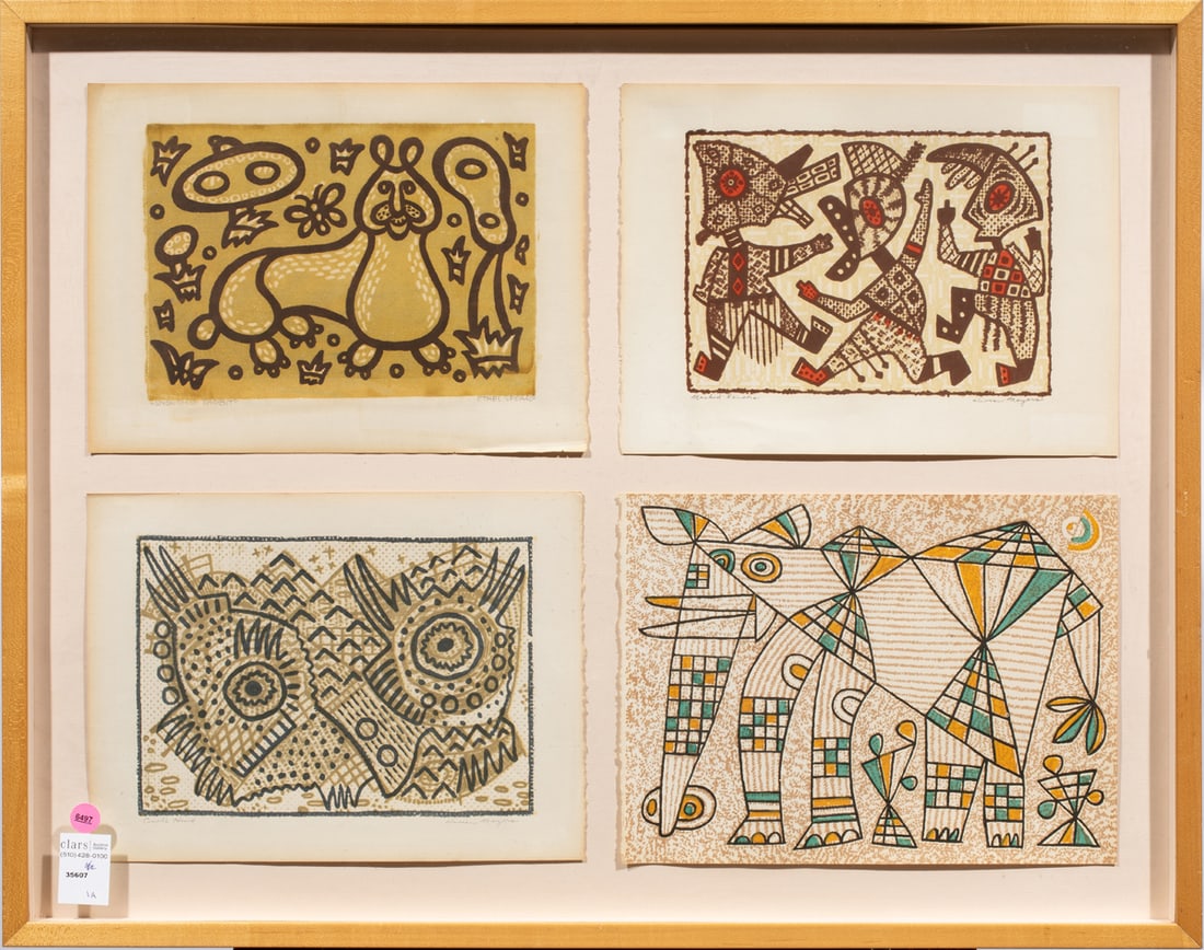 Prints, Ethel Spears and Vivian Mayers: Ethel Spears (American, 1903-1974) and Vivian Mayers (American, 1909-1970), Untitled (Four Prints), woodblocks, three pencil signed, overall (with frame, framed together): 23.5"h x 29.5"w