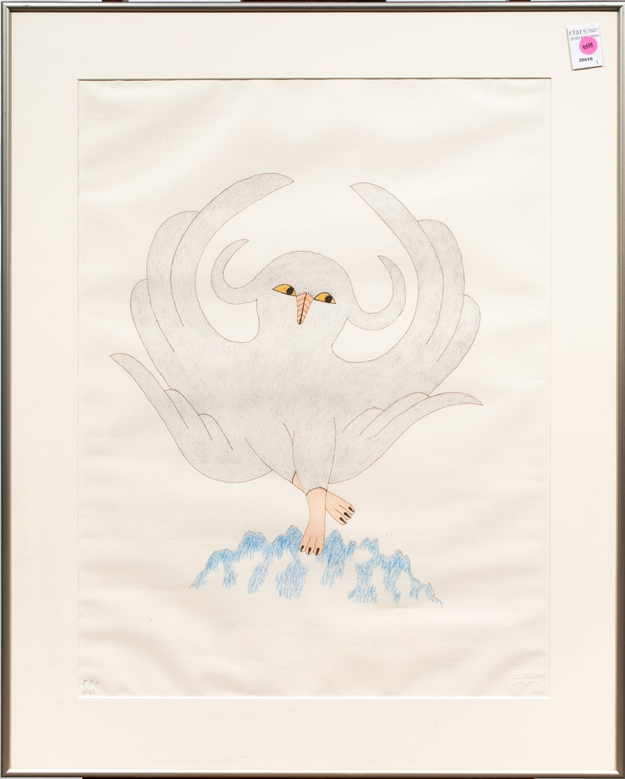 Work on paper, Kinngait/Cape Dorset School (20th/21st century): Kinngait/Cape Dorset School (20th/21st century), Untitled (Gray Bird), ink and colored pencil on paper, signed lower left, Cape Dorset/West Baffin Cooperative blind stamp lower left, overall (with fra