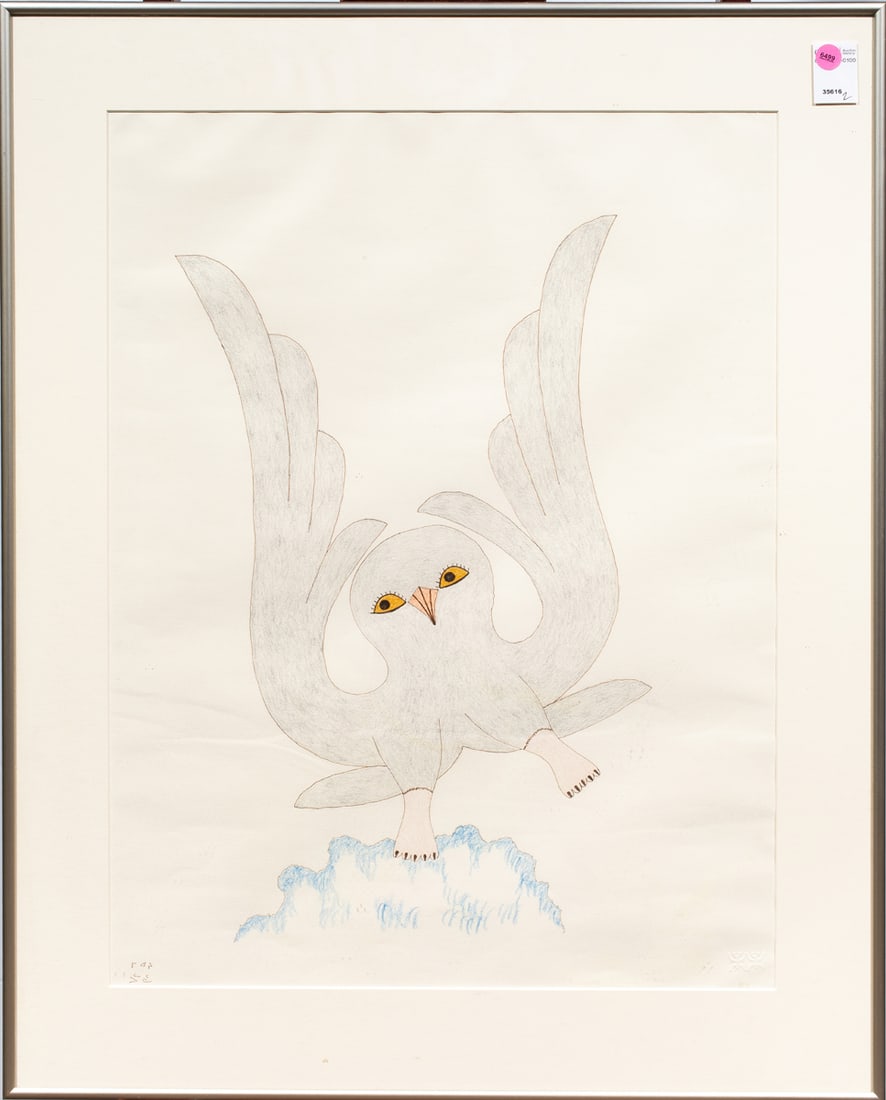 Work on paper, Kinngait/Cape Dorset School (20th/21st century): Kinngait/Cape Dorset School (20th/21st century), Untitled (Gray Bird), ink and colored pencil on paper, signed lower left, Cape Dorset/West Baffin Cooperative blind stamp lower left, overall (with fra