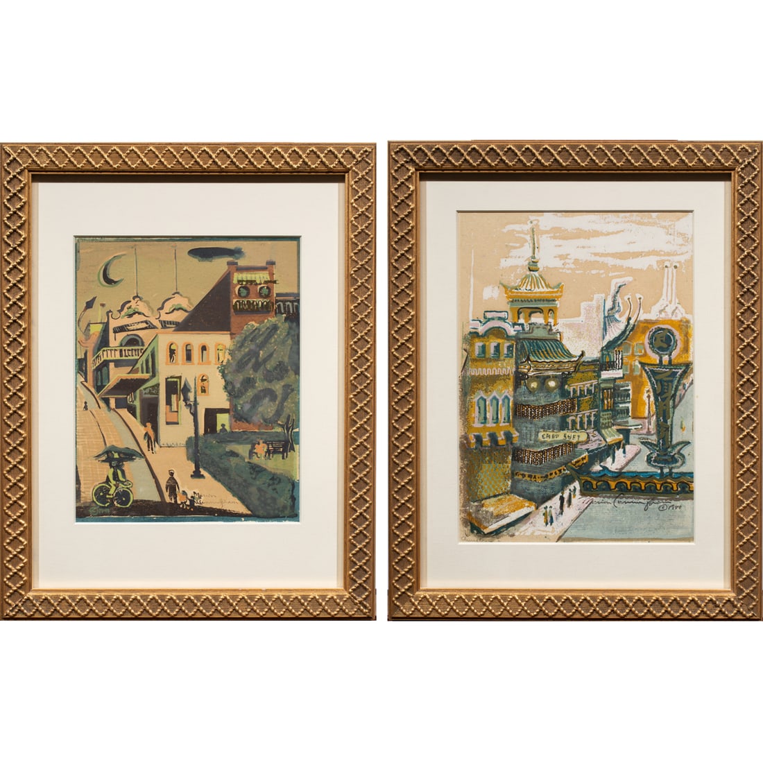 Prints, Marion Osborn Cunningham: (lot of 2) Marion Osborn Cunningham (American, 1908-1948), San Francisco Scenes, 1944, 1945, serigraphs, each stamp signed and dated, overall (with frame, for each): 13.75"h x 10.75"w