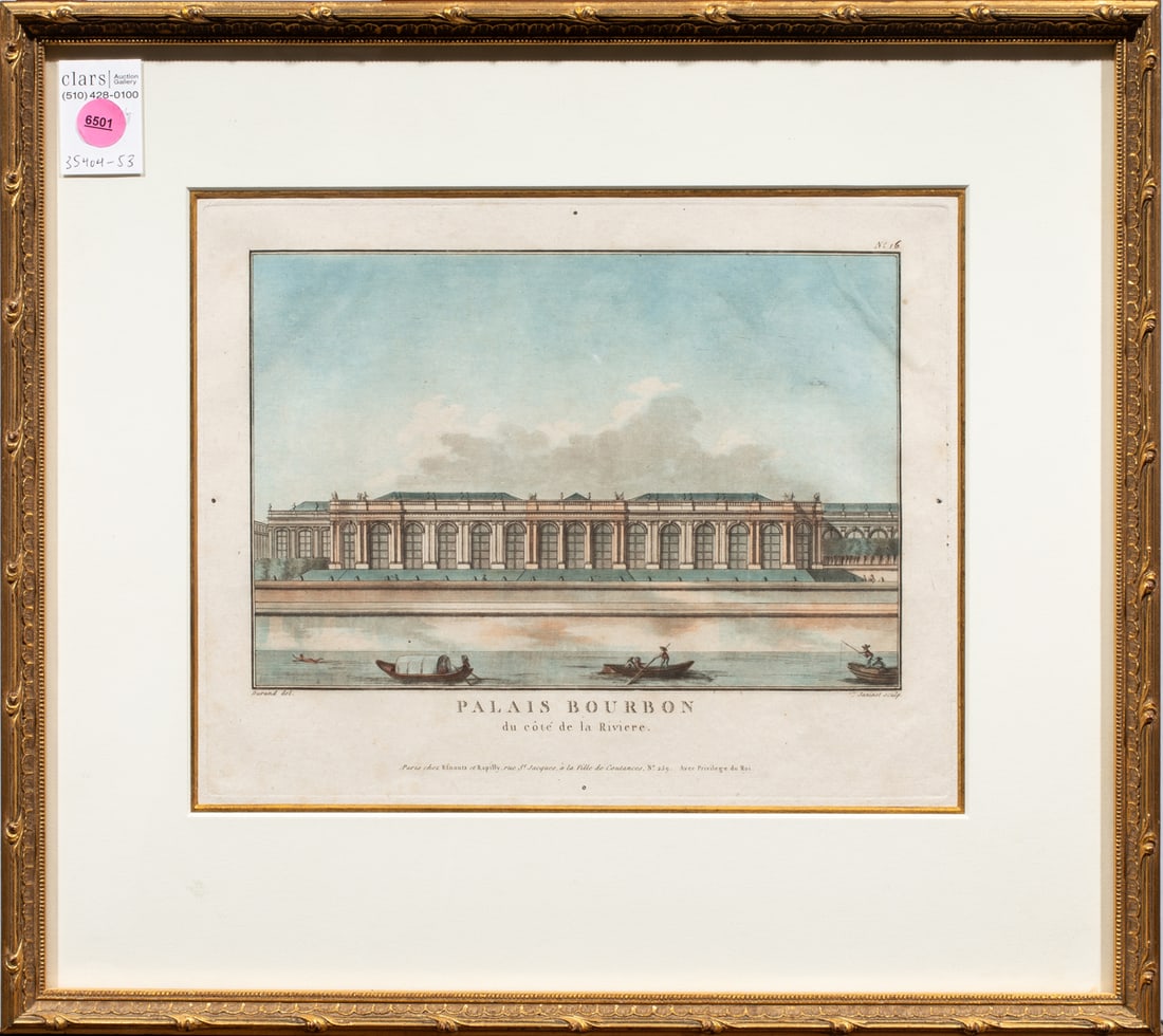 Print, After Jean-Nicolas Louis Durand: After Jean-Nicolas Louis Durand (French, 1760-1834), Palais Bourbon, hand-colored engraving, overall (with frame): 16"h x 17.5"w