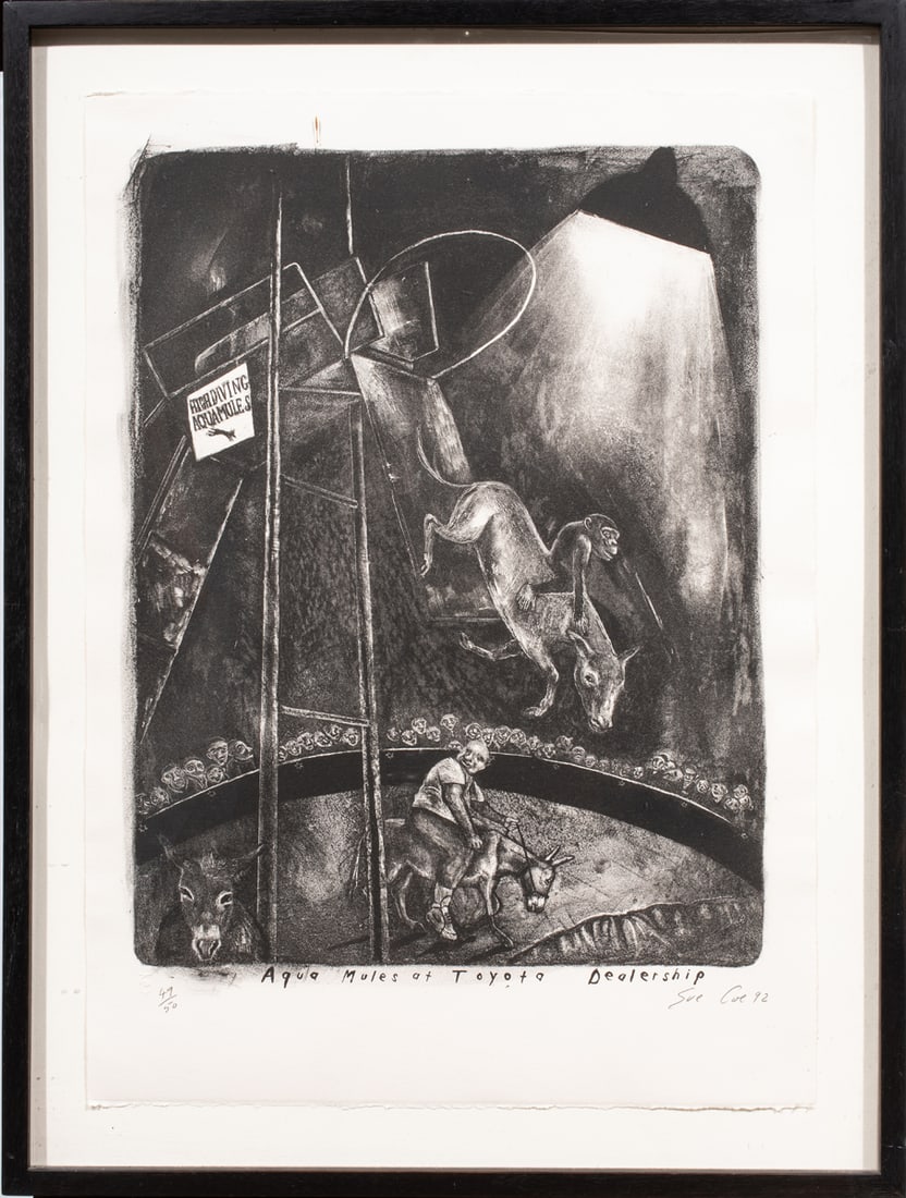 Print, Sue Coe: Sue Coe (British, b. 1951), "Aqua Mules at Toyota Dealership," 1992, lithograph, pencil signed and dated lower right, edition 49/50, overall (with frame): 26.25"h x 20"w