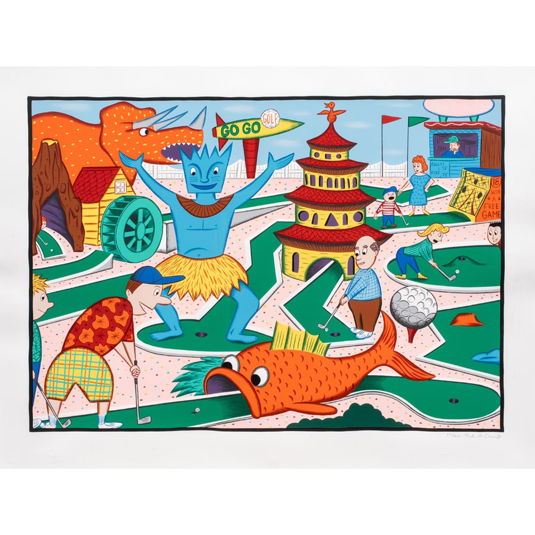 Print, Rodney Greenblat: Rodney Greenblat (American, b. 1960), "Go-Go Golf," screenprint, pencil signed lower right, edition 213/225, image: 27"h x 37"w, sheet: 33"h x 42"w, overall (with frame): 39"h x 48"w, Provenance: