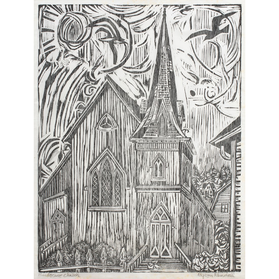 Woodblock, Byron Randall: Byron Randall (American, 1918-1999), "Mendocino Church," 1962, woodblock, pencil signed lower right, titled lower left, image: 27"h x 20.25"w, overall (with frame): 38"h x 30"w
