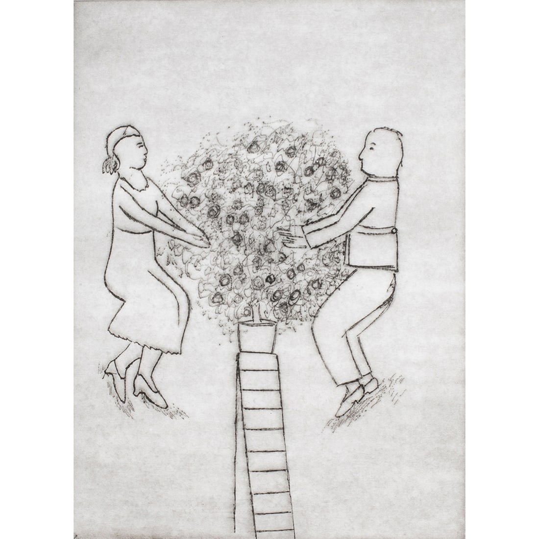 Print, Inez Storer: Inez Storer (American, b. 1933), Untitled (Couple with Flowers), etching, pencil signed lower right, overall (with frame): 29"h x 23"w